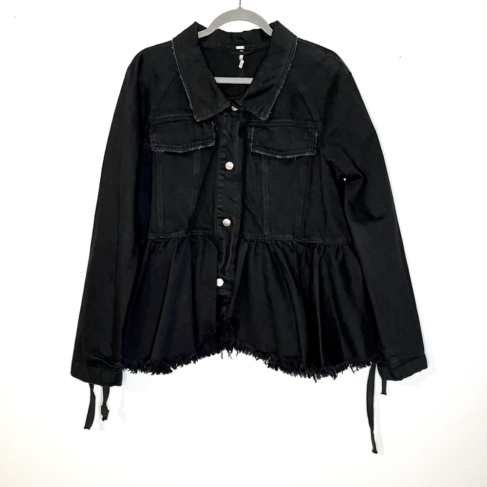 Free People Black Raw-Edge Denim Jacket with Side Tie Details NWT - Picture 6 of 16